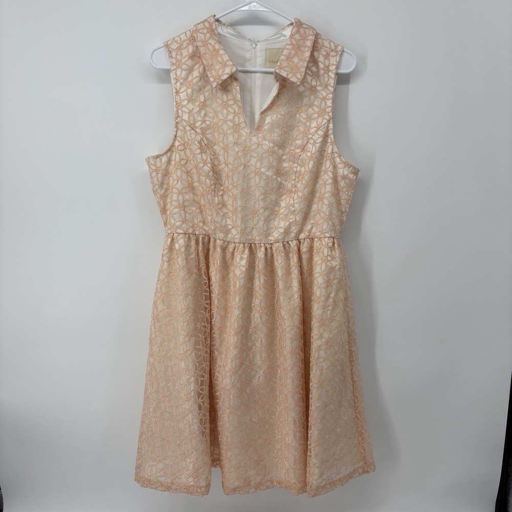 Modcloth Peach Cream Floral Embroidered Satin Mini Dress Fit Flare Size Large